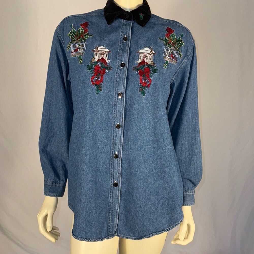 Vintage Bobbie Brooks Denim Velvet Embroidered Birds Red Cardinal Button Down Sh
